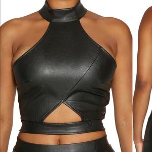 NAKED WARDROBE Halter Neck Faux Leather Crop Top